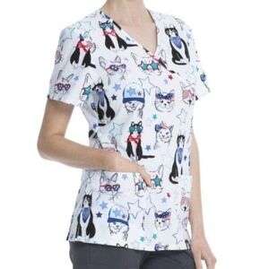 Scrubstar "Meowica" Cat Print V Neck Scrub Top Cotton Small